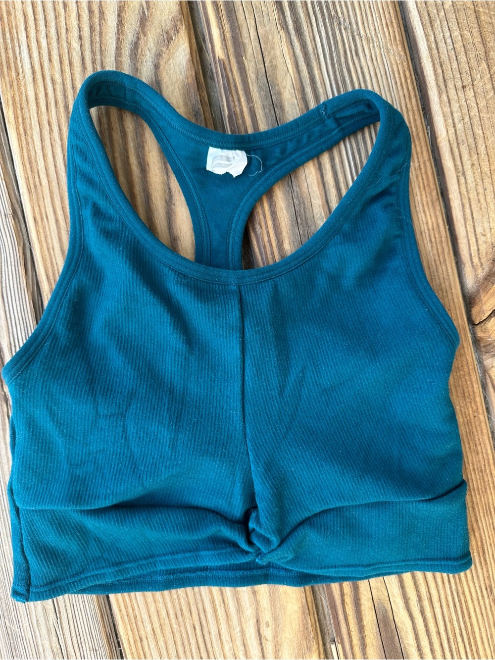 Fabletics Teal Ribbed Twist-Front Racerback Crop Top